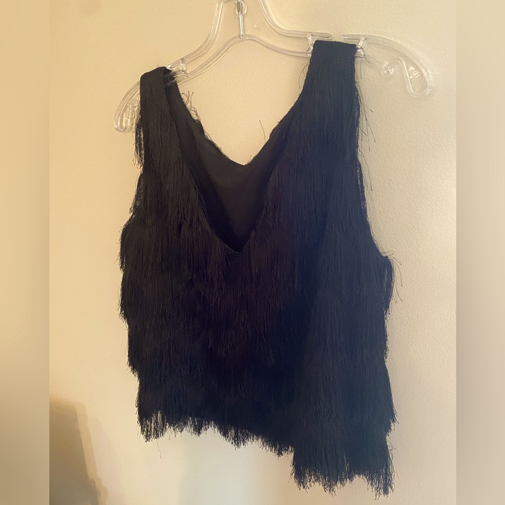 Black Fringe V neck Crop